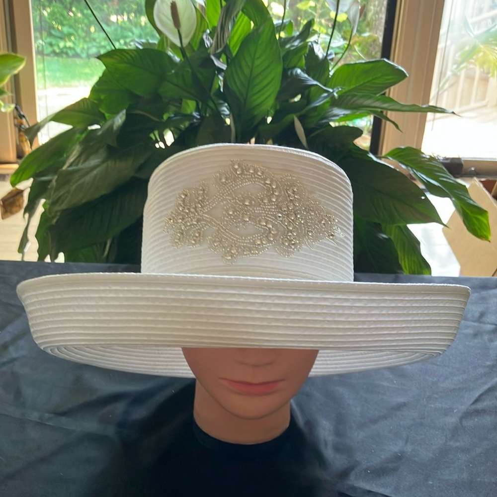Chic White Satin Ribbon Hat With Silver Rhinestone Beaded Floral Embellishment